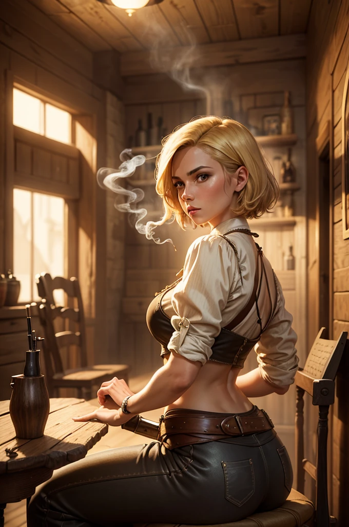 Short Haired Female Cowboy in a Saloon in the Old West,Blonde,Sitting,Smoking Pipe,Table Wisky,Piano,6 Bullet Revolver,Barrel,Dust,Artwork,3D,4K,Detailed,Realistic, ass focus