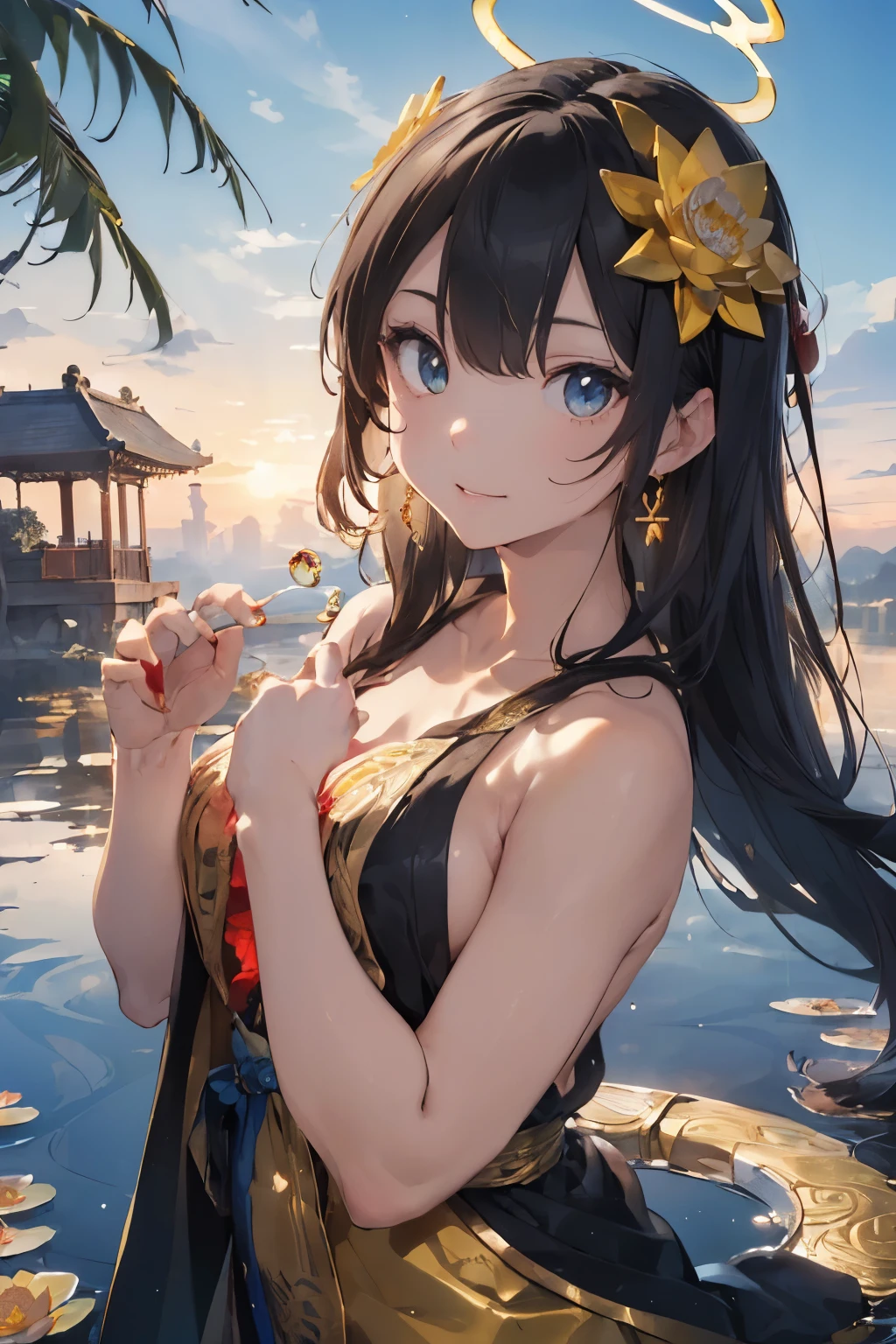 ((Top Quality)), ((Excellent)), ((Detailed), ((Uga Benzaiten)), ((God of Fortune who brings Wealth)), Black Hair, ((Paradise)), Golden Robe, ((Lots of Lotus Flowers)), ((Nice Hands)), ((Perfect Hands)), ((Five fingers on a hand)), Upper Body, Sunrise, Ultra-Realistic, Stunning Environment, Bright Colors, Blue Eyes, ((Topless)), ((Halo)), ((Lots of Bubbles)),White Snake,((Nice Hands)), ((Perfect Hands)), ((Five fingers on a hand)),