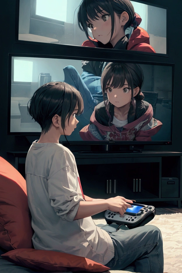 A person is sitting on a cushion, looking straight ahead, playing a game with a small game console in his hand, with a TV in the background.