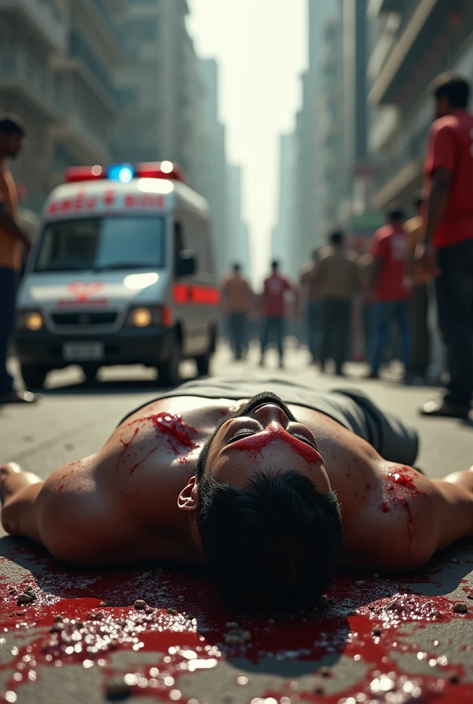 35 years Indian boy fall from building, he's covered with blood, group of people are watching him and ambulance is reaching to that location.