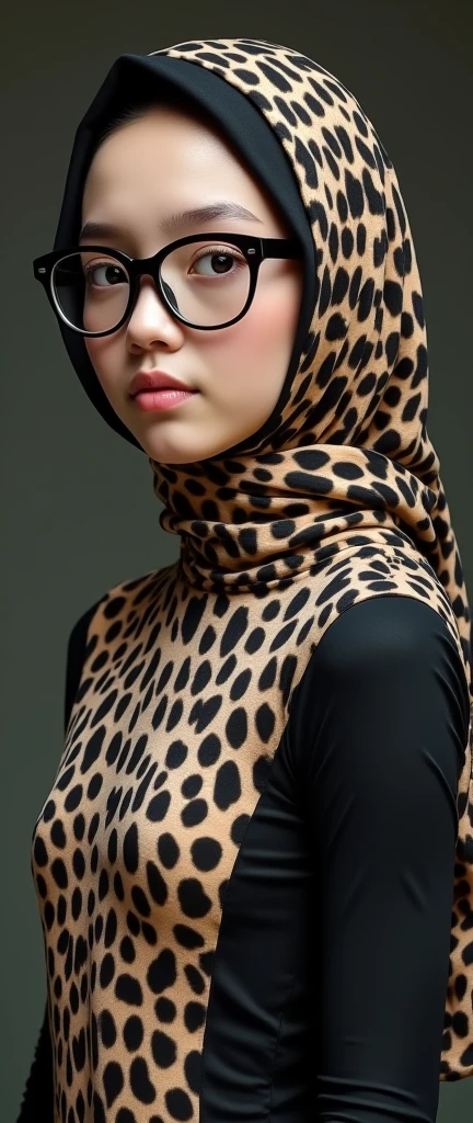 A beautiful and thinnest Malaysian Muslim girl with a pair of school glasses wears clouded leopard turtleneck unitard catsuit and clouded leopard print Lycra dancewear hijab