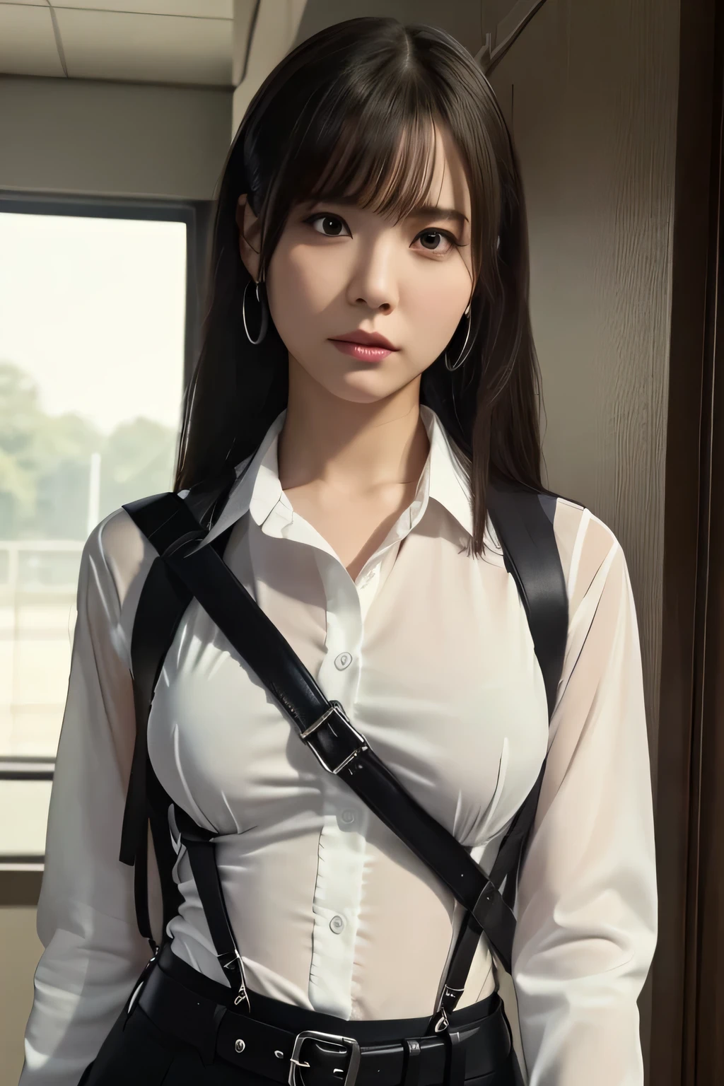 a woman in a suit, belt, hands behind back, sweating, suspenders, black pants, sexly, large breasts, see-through clothing, rain, detective, office worker, white button-up shirt, (best quality,4K,8k,highres,masterpiece:1.2),ultra-detailed,(realistic,photorealistic,photo-realistic:1.37),hyper-detailed,highly detailed face and body, Slender thin suspenders Moderate breasts See-through shirt Nipples holster chain Pistol Armament criminal Female criminal knife