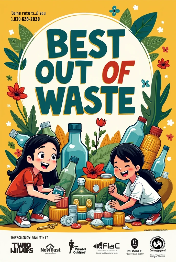 Poster for best out of waste workshop in college with cartoons and waste products