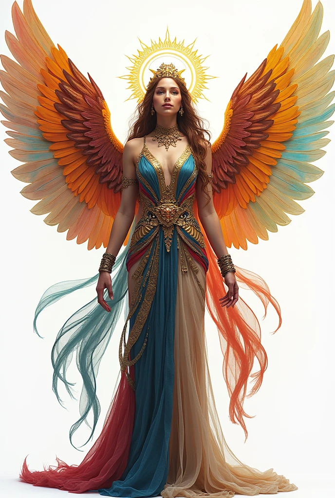 The goddess of beauty is coming，full-body shot，front，Pink，serious，symmetry，Spread wings，(Angelic, Angel Wings), Colorful clothes, Intricate details, Colored background, Abstract，Pure white background，Brightness improvement，Technology