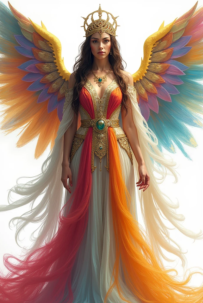 The goddess of beauty is coming,full-body shot,front,Pink,serious,symmetry,Spread wings,(Angelic, Angel Wings), Colorful clothes, Intricate details, Colored background, Abstract,Pure white background,Brightness improvement,Technology