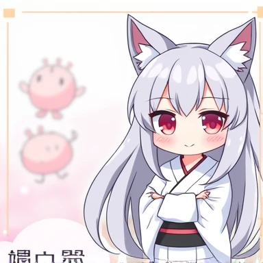 One Woman,Gray Hair,Cat ear,((Chibi Character)) ,Red eyes,,White kimono,Arms folded,Smug face,smile,Please enter text in the bottom right corner of the fantasy image,A very popular font,