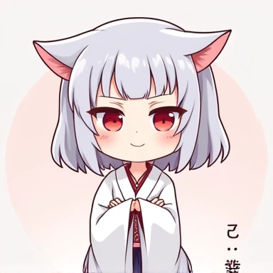 One Woman,Gray Hair,Cat ear,((Chibi Character)) ,Red eyes,,White kimono,Arms folded,Smug face,smile,Please enter text in the bottom right corner of the fantasy image,A very popular font,
