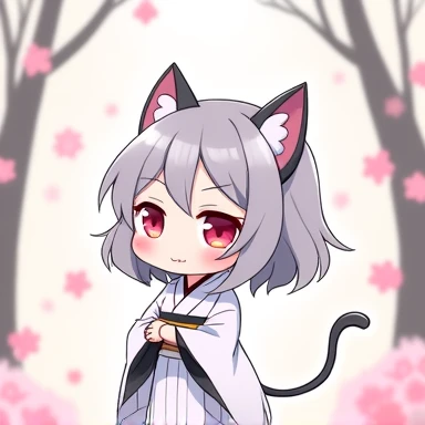 One Woman,Gray Hair,Cat ear,((Chibi Character)) ,Red eyes,,White kimono,Arms folded,Smug face,smile,Please enter text in the bottom right corner of the fantasy image,A very popular font,