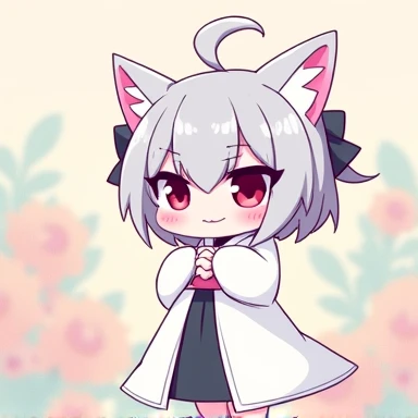 One Woman,Gray Hair,Cat ear,((Chibi Character)) ,Red eyes,,White kimono,Arms folded,Smug face,smile,Please enter text in the bottom right corner of the fantasy image,A very popular font,