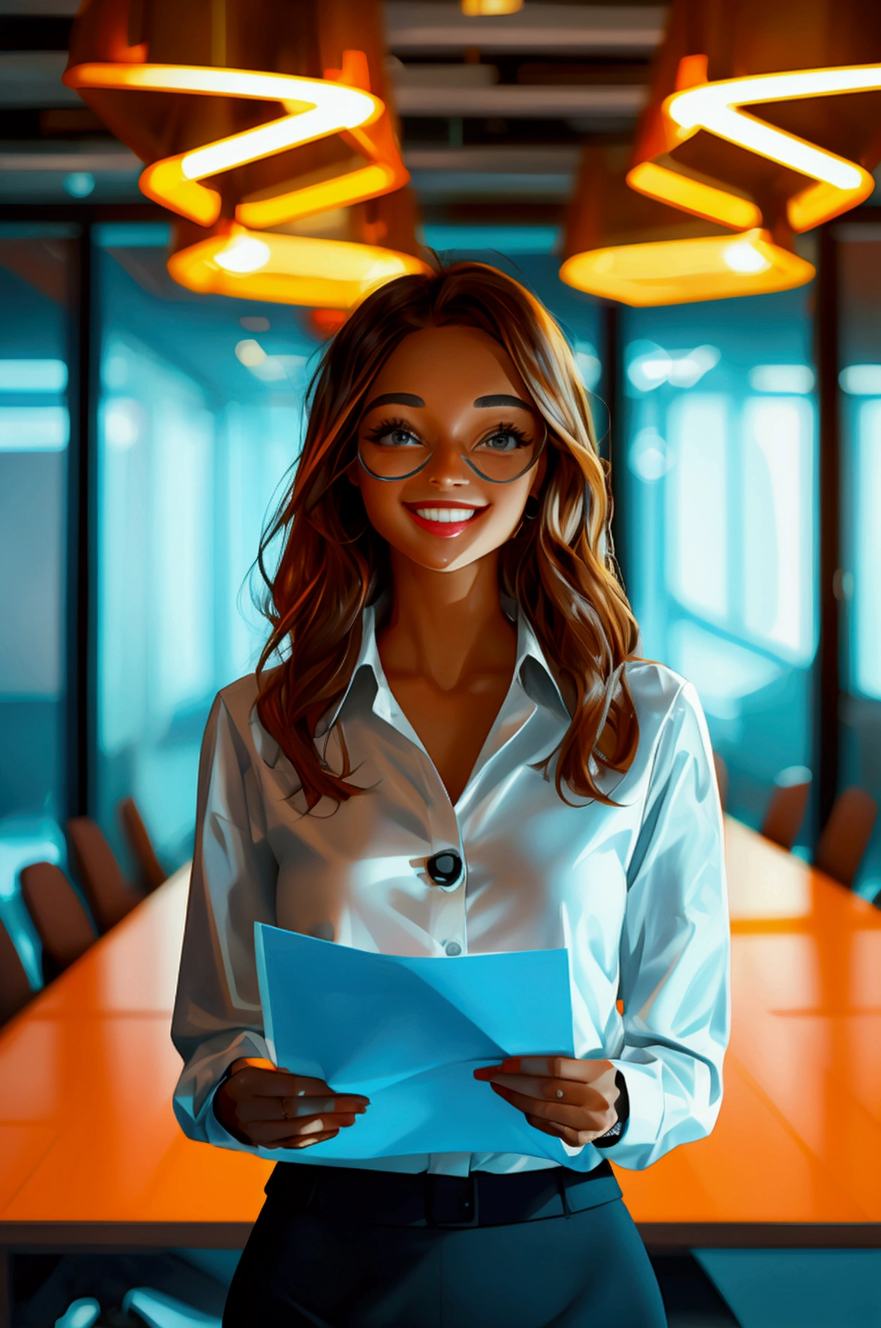 vibrant, futuristic office environment with a sleek, modern design featuring a long conference table and glowing overhead lights. , cute girl dressed in business attire. She should be confidently holding a document with a big smile, reflecting excitement and success. full girl character,