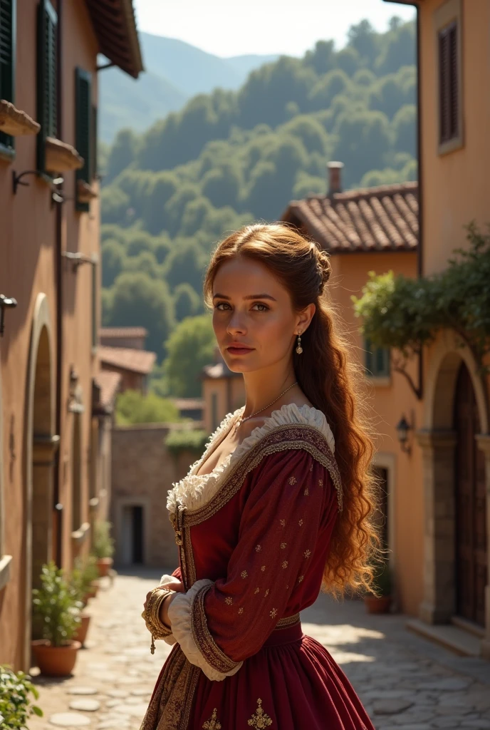 a beautiful English woman standing in 1400s in italy vinci