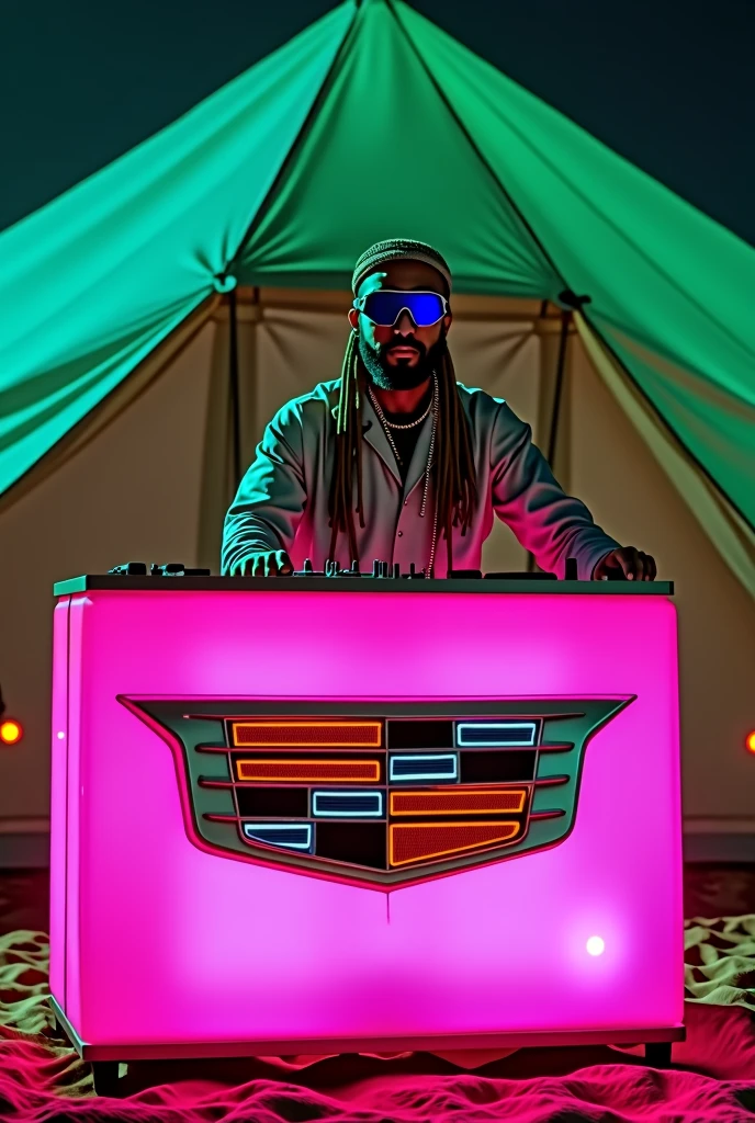 Give me an image of a DJ playing music behind a neon pink DJ booth with a cadillac grill on the front. The DJ is playing a party in the desert under a big huge green tent at night. The DJ goes by the name of First Bedouine On Mars. He is dressed in authentic Bedouine attire with a futuristic spin. He is bald with a short beard and wearing burning man type dust goggles and a palestinian head wrap.