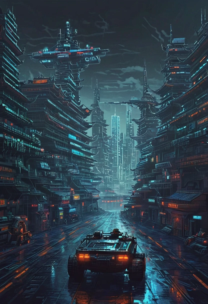 tractor driver (dark colors, cyberpunk background, retro game style, pixel style, 8-bit)