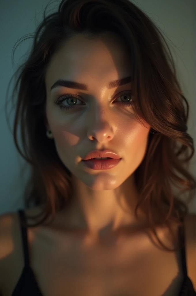 , portrait photograph, hair, (sultry flirty look), ((gorgeous symmetrical face)), cute natural makeup, realistic, concept art, elegant, highly detailed, intricate, sharp focus, depth of field, f/1. 8, 85mm, medium shot, mid shot, (((professionally color graded))), sharp focus, bright soft diffused light, (volumetric fog),