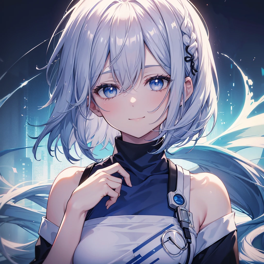 wear scrubs, White or pale blue scrub clothing, a beautiful detailed portrait of a shoulder length hair nurse aide, with no hat, large breasts, in an anime style, high resolution, photorealistic, dramatic chiaroscuro lighting, intricate details, ominous aura, beautiful blue eyes, beautiful silver hair, short bob cut, sharp facial features, strong presence, smile, I'm not wearing anything on my head, Hide your chest with your clothes.