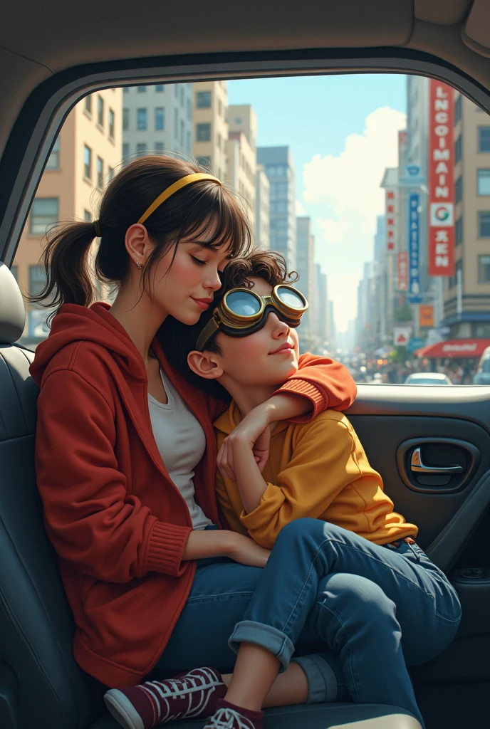 "Son, there is no space in the car, sit on sister's lap at the back seat" [in anime] [sister age is 25] [Son age is 17]
[Time is 10:00am]
[And location is a city]
[And sister is hug the son]
[And sister veering a Goggles on his eyes]
[And make like realistic art]
