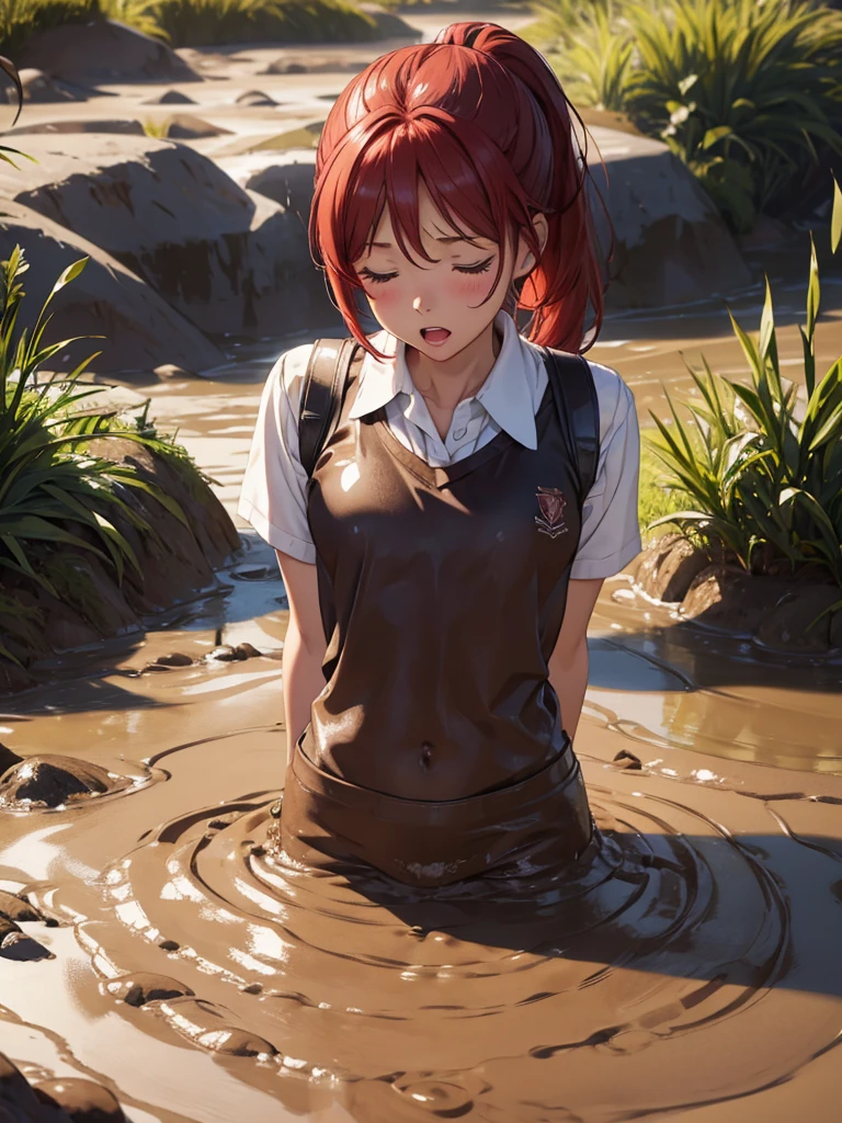 1girl, solo, masterpiece, best quality, high res, highly detailed, (illustration), eyes closed, yuigahama yui, red hair ponytail, glossy lips, light makeup, orgasm, open mouth, intimate moment, school shirt, torso, (quicksand:1.4), (from side:0), bog, swampy, arched back, (headback:1.4), dirty, muddy, soiled,