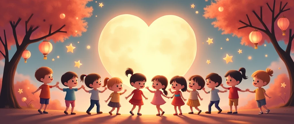A charming 15 boys and girls dancing with full moon a heart design, happy expression. The moon has bright, big. It sits in an enchanting autumn setting with light pink star-shaped balloons and star-shaped moon cake drifting around. The surrounding trees are laden with Mid-Autumn vietnamese star Lantern and the sky above glows with a gentle twilight blue, contributing to a magical and affectionate mood. The image should embody a cartoon-like and extremely adorable style, with a soft-focus background to amplify the fairy-tale-like ambiance of the composition.