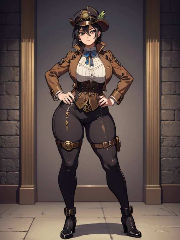 steampunk world,steampunk costume,steampunk police costume,1girl,curvy,full body