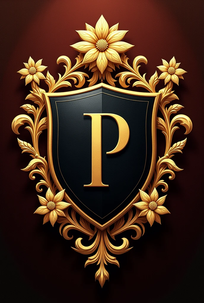 Create a coat of arms with a central vector, surrounded by stylized gold flowers like the coat of arms of. Inside the vector add a custom P for the peres brand, leave four spaces to add features. Design should be elegant and detailed.