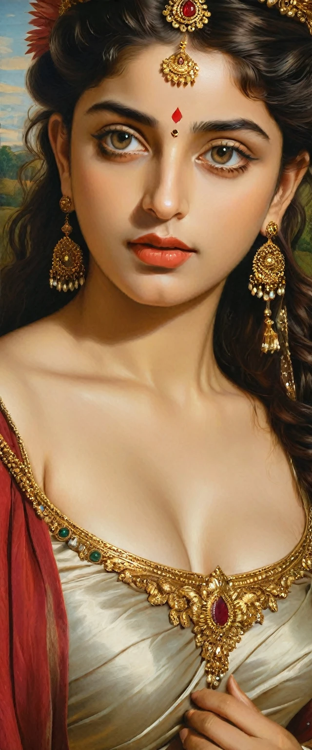 Beautiful Indian Woman, wearing saree, sari Beauty, gorgeous, Apsara, Maharani, royal queen woman, nymph from Hindu Mythology, Urvashi, matchless beauty, Highly detailed, Oil Painting by Peter Paul Rubens inspired by Raja Ravi Varma, Matchless beauty, captivating, gorgeous, heavenly beauty, celestial beauty, by Peter Paul Rubens, 13, realistic, hyper realistic, micro details, incredible artwork, insane details, ultra High resolution, 8k, 32k, acrylic on canvas, intricate, flawless, detailed, detailed face, detailed eyes, masterpiece, by Peter Paul Rubens, by Caravaggio, by William Adolphe bouguereau, perfect face, perfect body, beautiful art, realism, baroque, renaissance Art, highly textured, beautiful and detailed eyes, uhd, best quality,