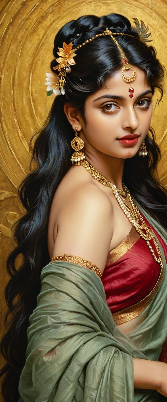 Beautiful Indian Woman, wearing saree, sari Beauty, gorgeous, Apsara, Maharani, royal queen woman, nymph from Hindu Mythology, Urvashi, matchless beauty, Highly detailed, Oil Painting by Peter Paul Rubens inspired by Raja Ravi Varma, Matchless beauty, captivating, gorgeous, heavenly beauty, celestial beauty, by Peter Paul Rubens, 1893, realistic, hyper realistic, micro details, incredible artwork, insane details, ultra High resolution, 8k, 32k, acrylic on canvas, intricate, flawless, detailed, detailed face, detailed eyes, masterpiece, by Peter Paul Rubens, by Caravaggio, by William Adolphe bouguereau, perfect face, perfect body, beautiful art, realism, baroque, renaissance Art, highly textured, beautiful and High clarity eyes, uhd, best quality,