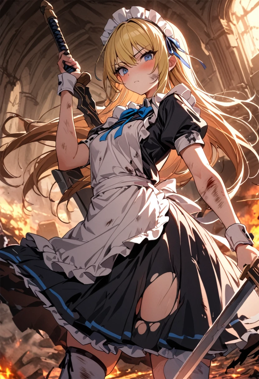 (8k, super high quality, masterpiece), (detailed), One Woman, Small breasts, Blonde, cute, Slightly longer length, Blue ribbon, Apron dress, Maid clothes, Slash with a two-handed sword, Perfect Stance, Burning Battlefield, Castle Defense, My whole body is dirty., Torn clothing, A strong enemy in front of me, Deadly Combat, Intense Combat, Quite dirty, Scorched, injury, Blood