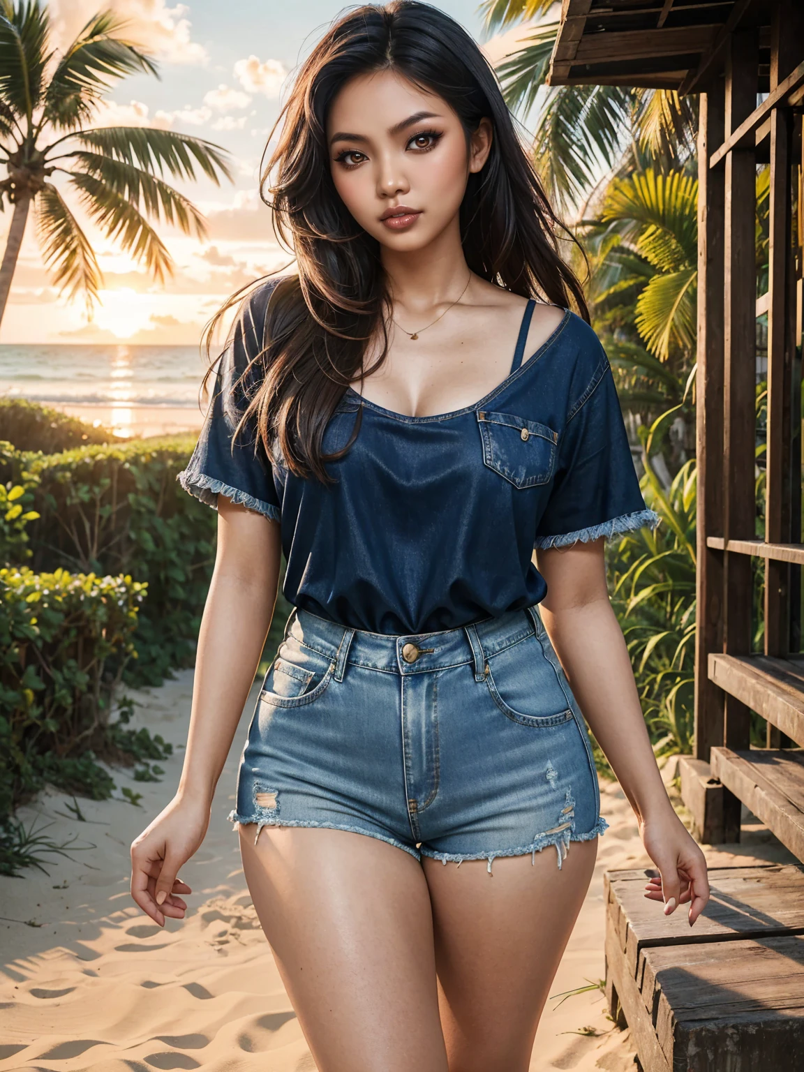 (SFW, Beautiful aesthetic sexy Malaysian|Filipina female model:1.3), thicc hourglass figure, wearing denim shorts and shirt, long messy hair, beach ruins at sunrise, soft fill lighting, freckles, perfect eyeliner and eyeshadow