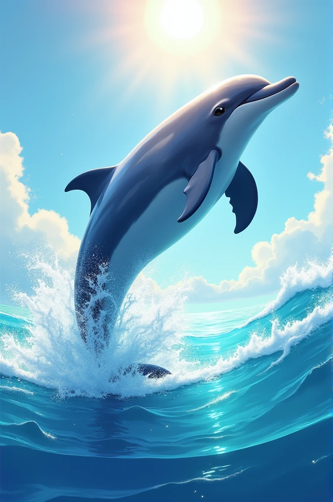 A graceful dolphin leaping through crystal-clear waves, captured in a vibrant painting, solid pastel shades,shimmering sunlight, playful movement, bright colors