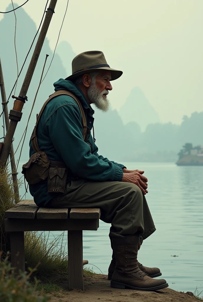 Fisher man on the bench wondering.
