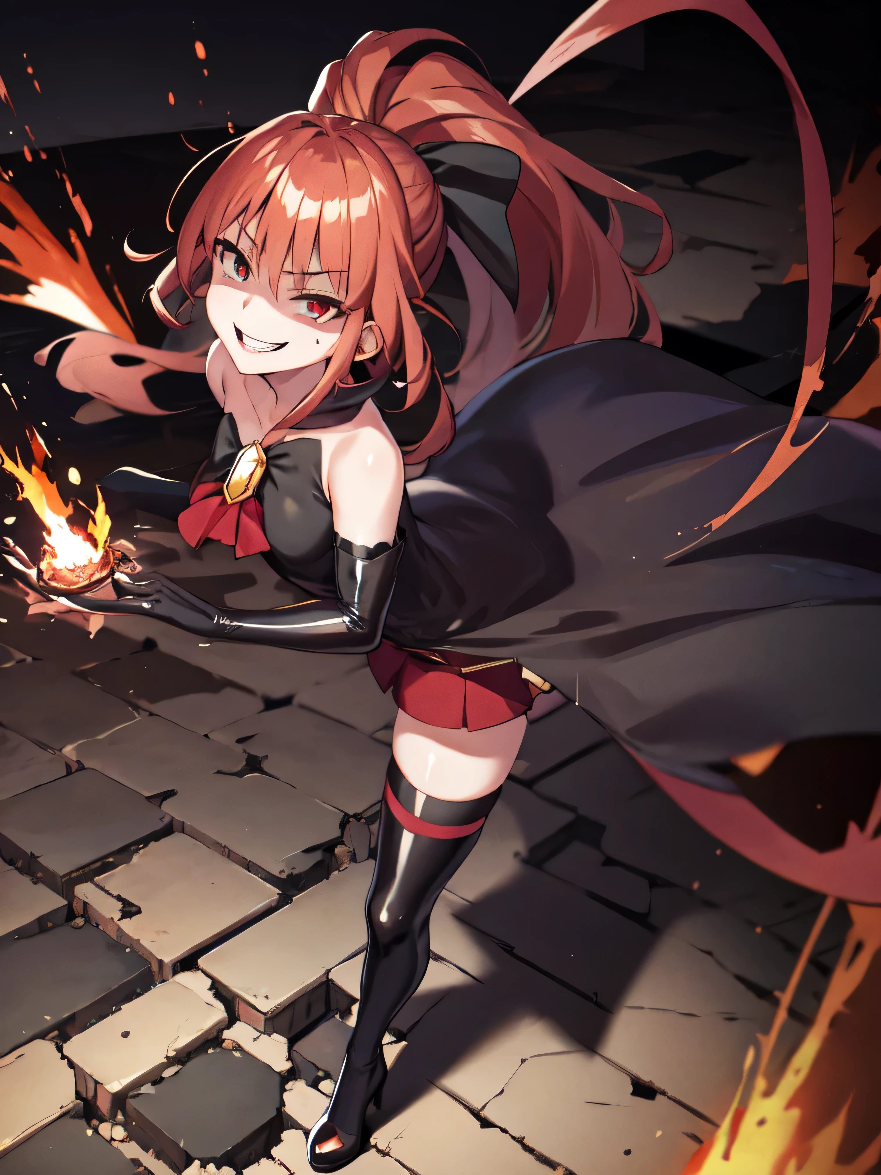 Highest quality, masterpiece, One Girl,Not beautiful, Red Ponytail, Long dress, brooch, Hair Ribbon, Black knee socks, Standing on the rubble, , ,,Dark shadow face,Sadistic laugh,,Malice,Contempt,smile,latex,Bad face,,Red Skirt,both hands,Two legs,Five Fingers,Evil background,Elbow fullgloves,shiny latex,evil laugh, Debish Aura (Shiny fabric:1.5),Dark world background,solo,Burning cityscape