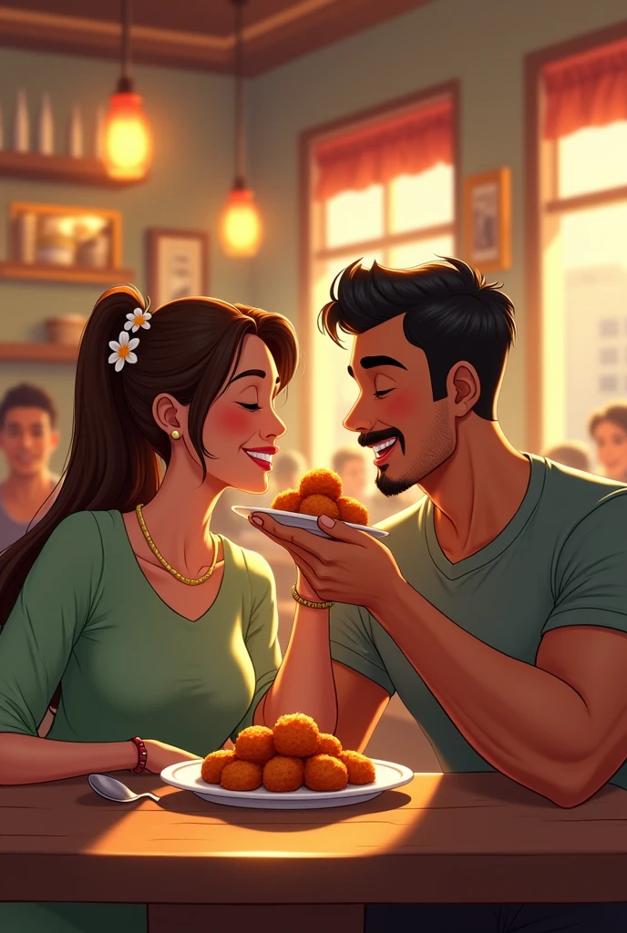 Create a couple picture in which the girl girl is feeding her husband Manchurian balls happily inna restaurant.bthe boy is strong looking boy with buff chest n shoulder, he is opening mouth l. The wife has tied her coffee brown long hair till her mid waist in pony with flower clip. Wearing a like light green frok. Him wearing dark green shirt,he has treamed  moustache with nice combed hair .