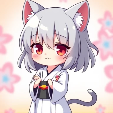 One Woman,Gray Hair,Cat ear,((Chibi Character)) ,Red eyes,,White kimono,Arms folded,Smug face,smile,Please enter text in the bottom right corner of the fantasy image,A very popular font,