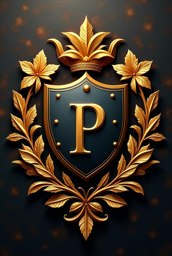 Create a coat of arms with a central vector, surrounded by stylized gold flowers like the coat of arms of. Inside the vector add a custom P for the peres brand, leave four spaces to add features. Design should be elegant and detailed.