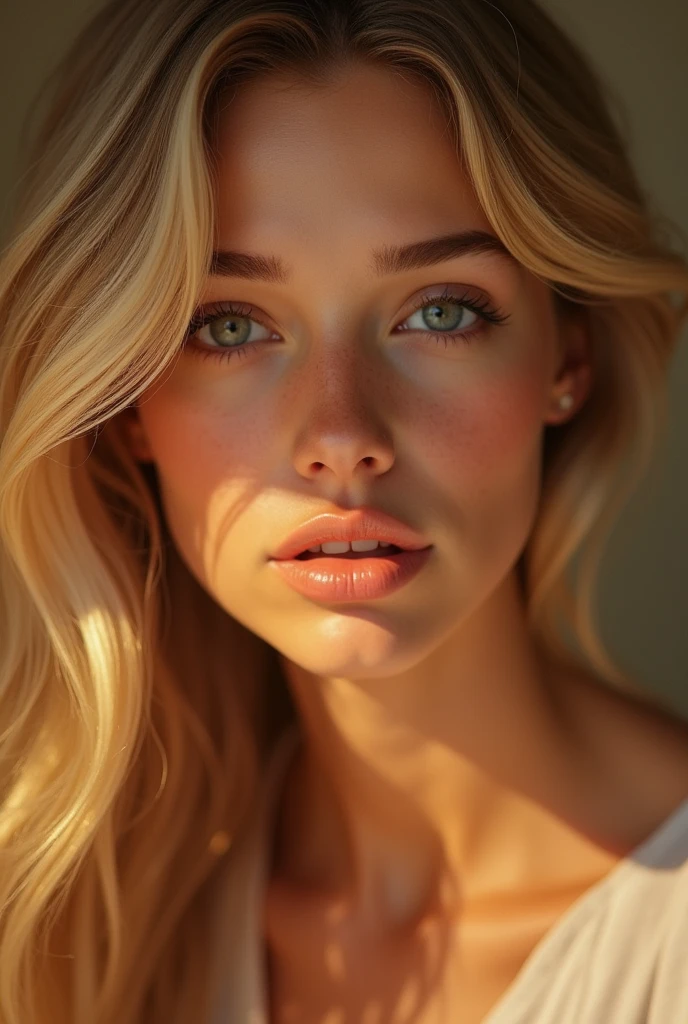 1 blonde woman, extremely detailed face, beautiful detailed eyes, beautiful detailed lips, longeyelashes, cute expression, soft lighting, fine art portrait, warm colors, intricate details, (best quality,4k,8k,highres,masterpiece:1.2),ultra-detailed,(realistic,photorealistic,photo-realistic:1.37)