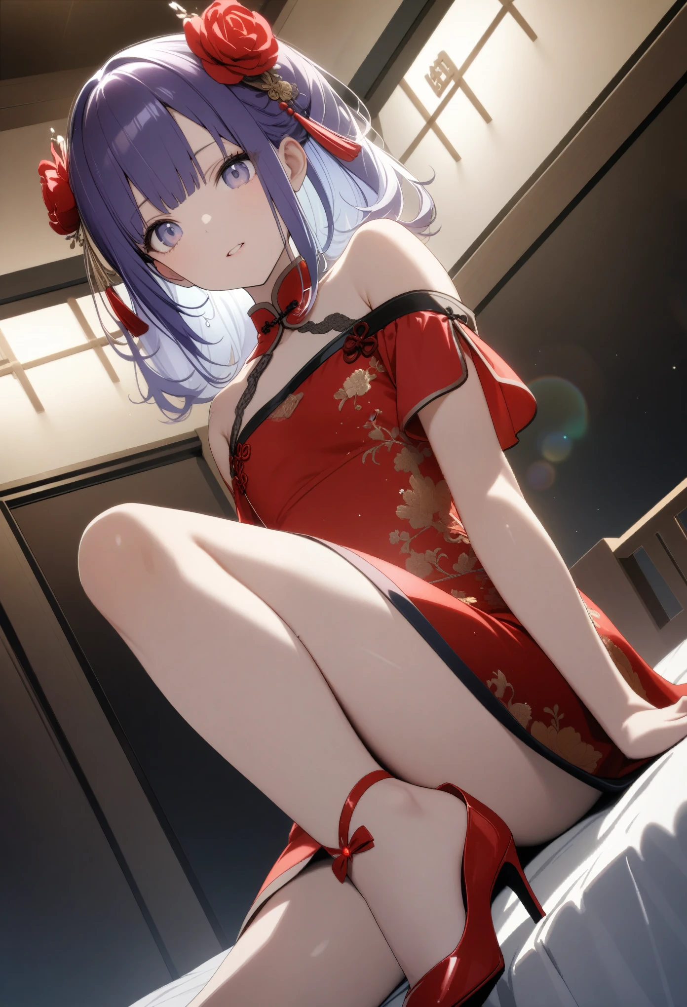 one,((A flashy red Chinese dress with lots of off-the-shoulder exposure、hair ornaments、Red manicure、Red high heels))、(The setting is that she wears thongs)、(Indigo hair color、Silver inner color hairstyle), Beautiful Hair, Facial Contour, Remember, Hotel, moonlight、splash, Lens flare,, Natural Color, High resolution, Very delicate, Very detailed, 8k,、Shyness,((Sexual))、bed、Crossing your legs、View from high heels、View angle from below