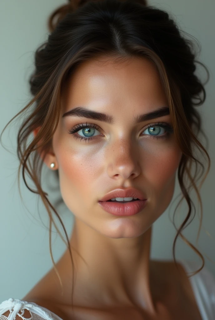Ultra realistic photo portrait of a Brunette with straight haire, italian, no makeup, meticulous, gorgeous, large lips, blue eyes, tied hair | detailed, highly detailed, 8k resolution, high resolution, full hd resolution image grain, award winning photography