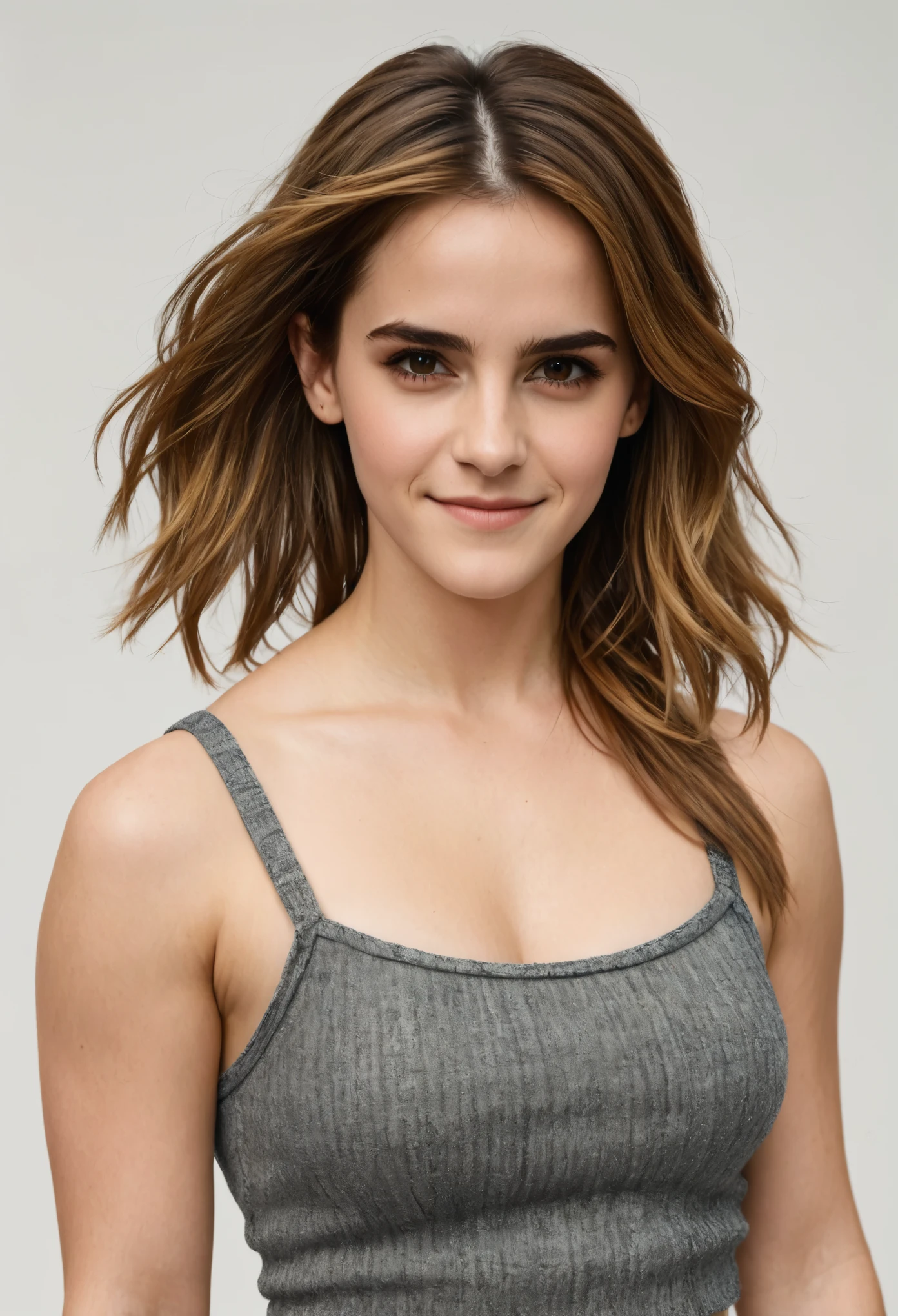 1girl, ((upper body, looking at camera)), Emma Watson, ((Looking interested!! Looking amused!! Smug. Wicked grin)). Masterpiece, top quality, best quality, beautiful eyes, perfect eyes, muscular, attractive, crop top, midriff. Blank background.
