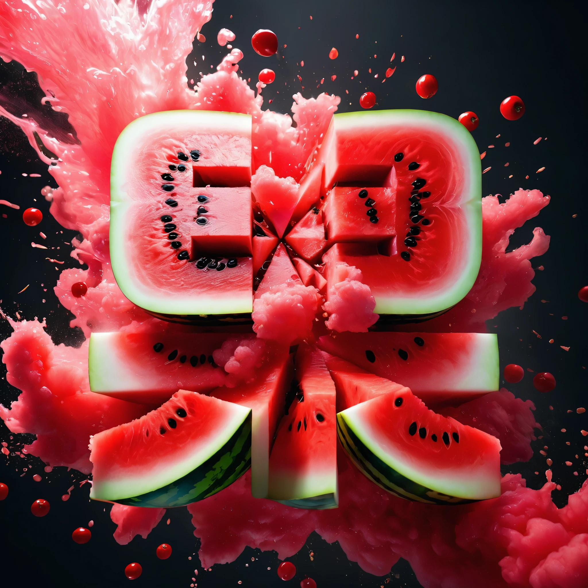 Commercial Photography, Intense red blood explosion、watermelon,Cherry in the center of the explosion, White lighting, Studio Lighting, 8k Octane Rendering, High-resolution photography, Fine details, Extremely detailed, On black isolated plane, picture, Professional color correction