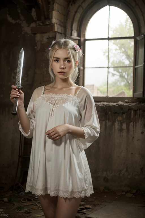 1Child, Lilie the protagonist with white hair, red eyes, from "Ender Lilies" wearing her signature white tunic with intricate lace détails, holding a mysticall sword adoned with ancient runes. The background shows a hauntingly beatiful, decaying kingdom with misty ruins and ethereal spirirs floatiog around her, crationg a sense of melancholy and mystery.