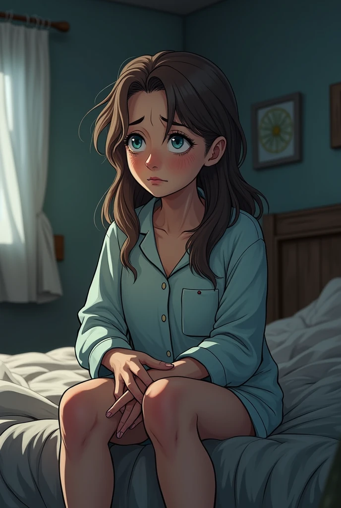 **Cielo's Physical Description:**
Cielo, at , has long, slightlywith her long brown hair slightly disheveled, , especially after waking up. She wears a simple pajama set. Despite being older, she remains quite  and has a gentle, endearing appearance. Her hair IS 
***Panel 10: Cielo Reflecting on the Nightmare**  
**Description:** Cielo, a bit calmer but still shaken, sits on the edge of her bed with her head bowed and a sad expression on her face. Her hands rest in her lap, fingers intertwined as she tries to process what she dreamed. Her long brown hair falls around her shoulders, and her blue eyes are filled with weariness. The room, though modest, is cozy, with details showing it has been a safe haven for her. She murmurs to herself, "The same nightmare as always," resigned to relive this pain once more. The atmosphere is quiet, but the emotional tension lingers in the air.