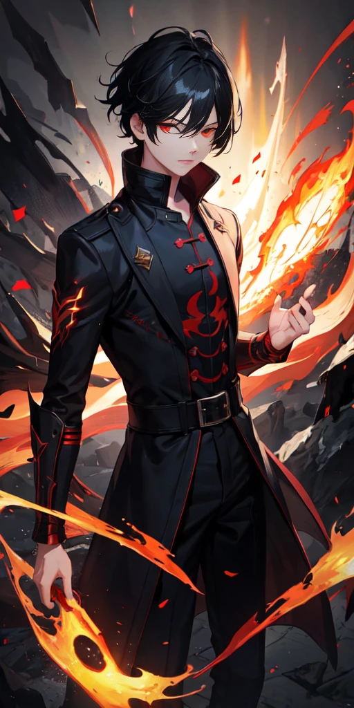 1 Boy, Black Hair, Red Eyes, Fire Witch, Blood, Light Particles, Light, wallpaper, High contrast, rich and colorful,dark