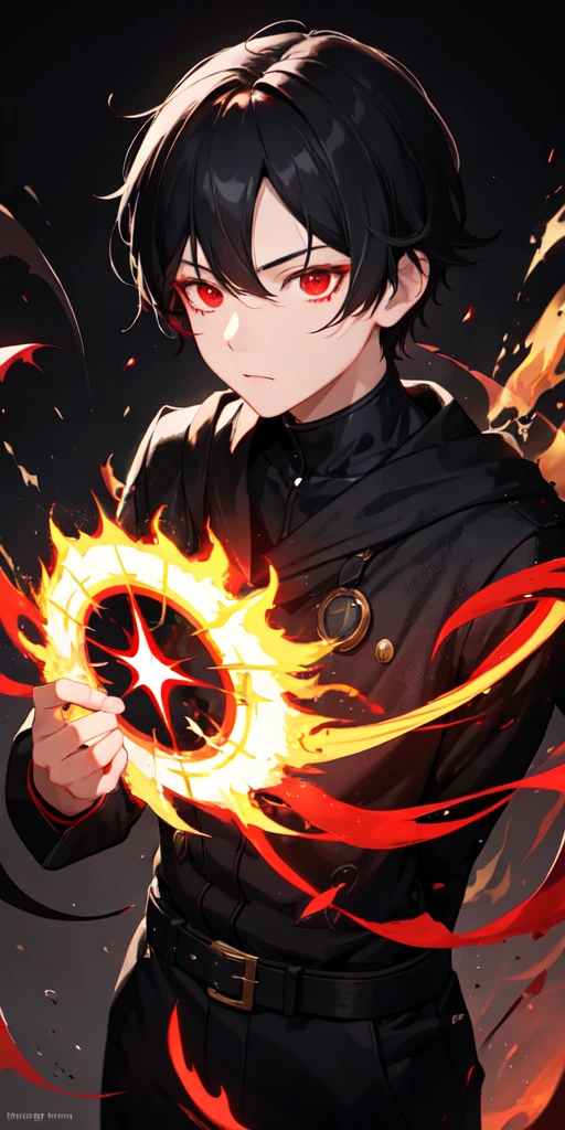 1 Boy, Black Hair, Red Eyes, Fire Witch, Blood, Light Particles, Light, wallpaper, High contrast, rich and colorful,dark