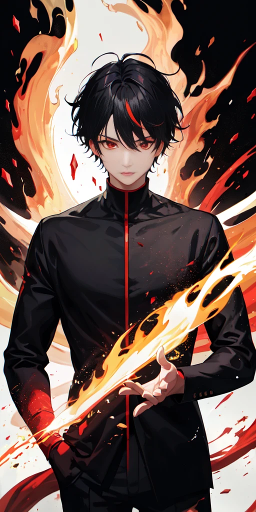 1 Boy, Black Hair, Red Eyes, Fire Witch, Blood, Light Particles, Light, wallpaper, High contrast, rich and colorful,dark