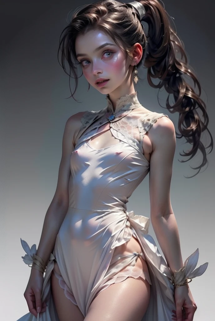 ((best quality)), ((masterpiece)), (detailed), perfect face (((masutepiece, of the highest quality, super detailed))), hand drawn style, hand painted style, watercolour, sketch, a knight, white background, plain background, Bloodborne inspired, tatty Bloodborne attire, occult aesthetic, occult, tatty red and white clothing detailed and intricate steampunk and detailed gothic ta (with a hood), long coat, Complex laced boots, Fluttering lace flared long knee length dress with frilly petticoats, long dress, knee length dress, pleated petticoats, loliress, petticoats gothic lolita aetic, beautiful small breasts, (((flat chest:1.1))), (((( Highly detailed face))), small thin nose, Small thin lips mouth, (((Very sharp focused eyes))), Very large slit precision pale grey eyes that shine like jewels. (looking here), (resolved expression), (resolute expression), ((dark hair)), ((long ponytail, thick ponytail, heavy ponytail)), very long eyelashes, white background, Very dramatic and cinematic lighting, tatty damaged old red and white clothing, full body, whole body, body, ((NSFW))