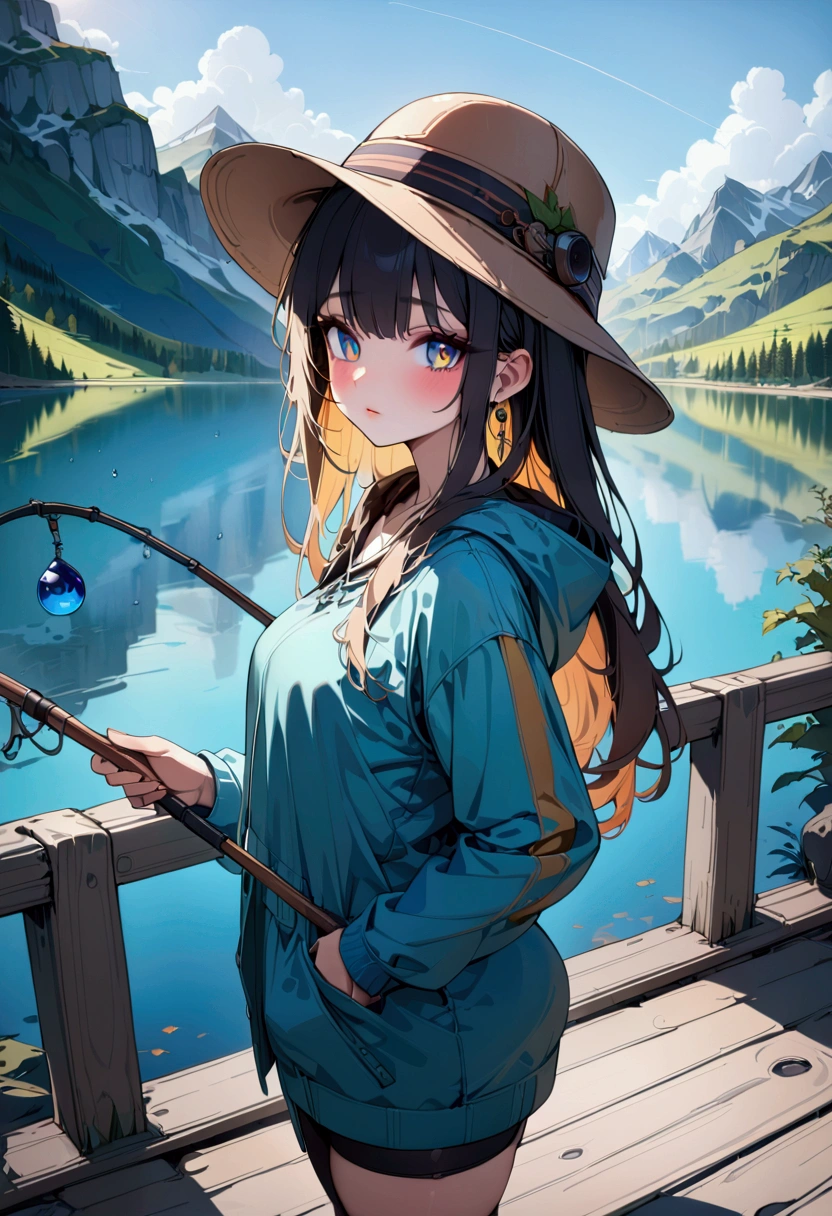 1girl, A fisherman standing on a pier, holding a fishing rod and surrounded by a serene lake with mountains in the background, beautiful detailed eyes, beautiful detailed lips, extremely detailed eyes and face, long eyelashes, fisherman wearing a hat, (4k,8k,highres:1.2), ultra-detailed, landscape, vibrant colors, warm lighting, masterpiece, best quality, very aesthetic, absurdres
