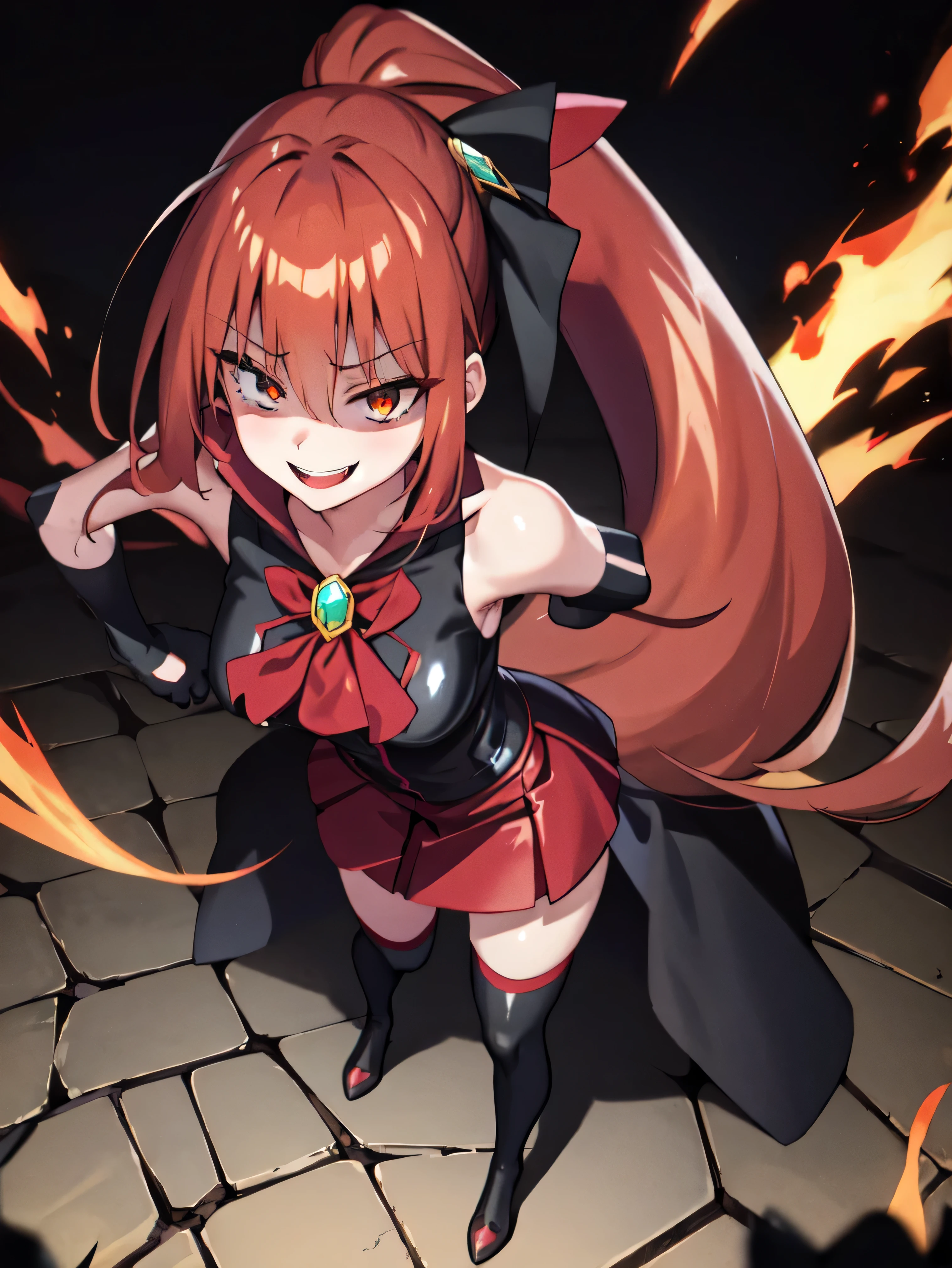 Highest quality, masterpiece, One Girl,Not beautiful, Red Ponytail, Long dress, brooch, Hair Ribbon,  Black knee socks, Standing on the rubble,  , ,,Dark shadow face,Sadistic laugh,,Malice,Contempt,smile,latex,Bad face,,Red Skirt,both hands,Two legs,Five Fingers,Evil background,Elbow fullgloves,shiny latex,evil laugh, Debish Aura (Shiny fabric:1.5),Dark world background,solo,Burning cityscape


