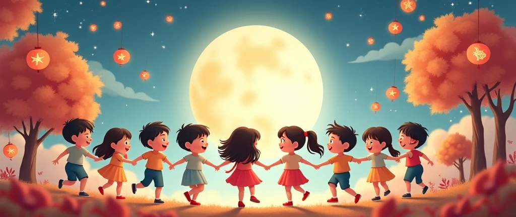 A charming 20 boys and girls dancing with full moon, happy expression. The moon has bright, big. It sits in an enchanting autumn setting with light pink star-shaped balloons and star-shaped moon cake drifting around. The surrounding trees are laden with Mid-Autumn vietnamese star Lantern and the sky above glows with a gentle twilight blue, contributing to a magical and affectionate mood. The image should embody a cartoon-like and extremely adorable style, with a soft-focus background to amplify the fairy-tale-like ambiance of the composition.