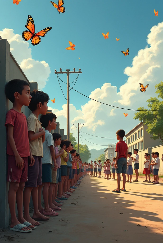 "Create an image of poor roadside children in torn clothes watching with hope as government school students stand in a prayer circle. The poor children are peering over the school compound wall, their faces reflecting longing for education. Colorful butterflies are flying around the scene, adding a touch of hope and beauty. The contrast between the tattered clothing of the roadside children and the well-dressed school students, along with the vibrant butterflies, should emphasize the theme of aspiration and hope."