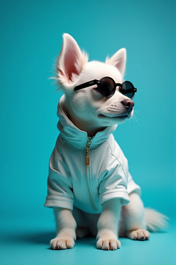 The best cell phone wallpaper, Award-Winning Wallpaper, portrait photography, In the front view is a portrait of a cute dog wearing mid-1960s space age fashion, Side view photo, Shot with Canon EOS R5, Set a strong contrast that accentuates the subject, Fluorescent blue tone, Wearing a very modern coat and sunglasses is a modern 1960s style, Clothes all in one color, beautiful background